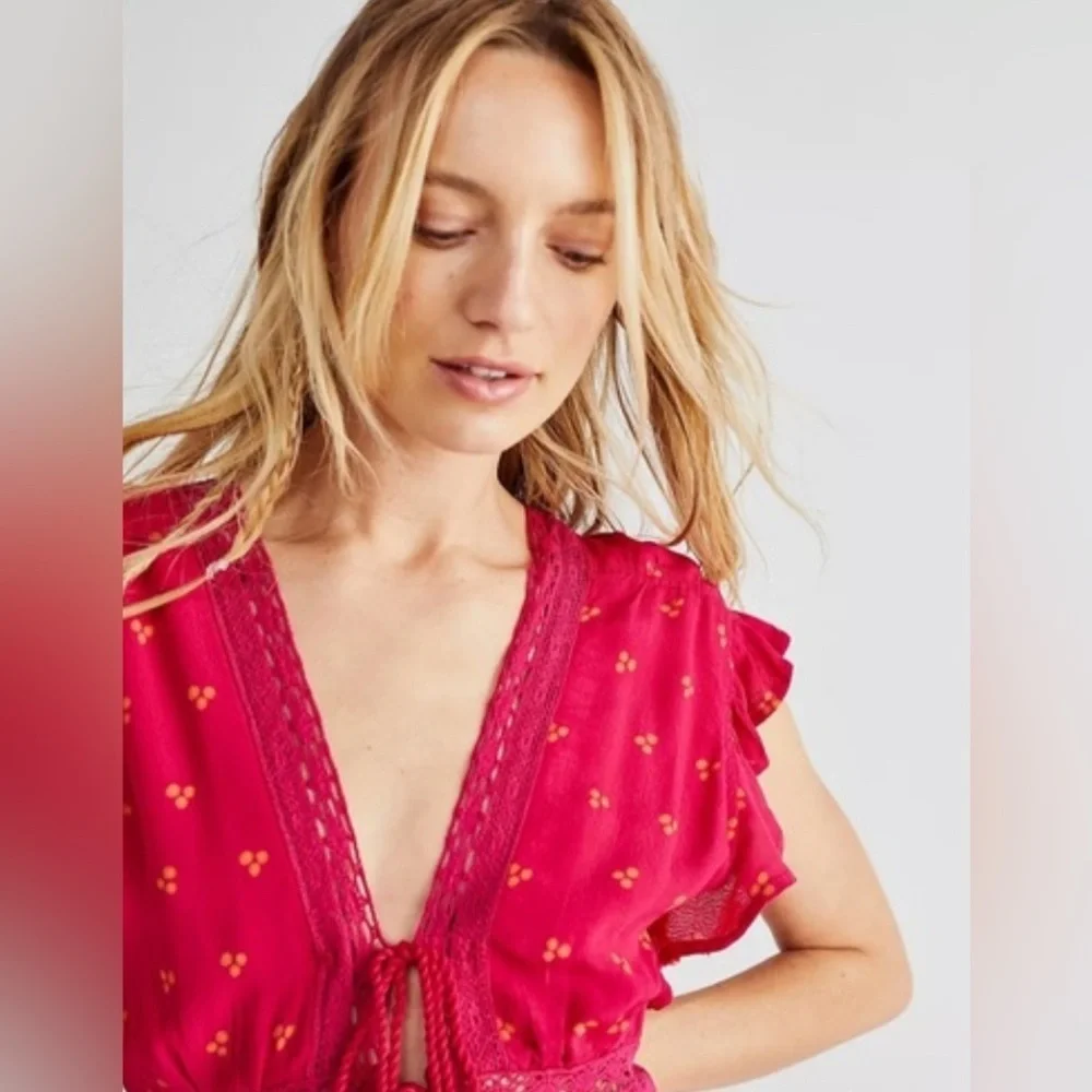 Free People Morning Sun Romper | Magenta with Orange Floral Print | Women’s S - Picture 2 of 15